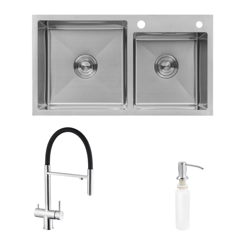 Комплект кухонная мойка Kroner Gebürstet-7843ZHM + смеситель Edelstahl Klassisch-ESG03815BLK + дозатор Spender-016
