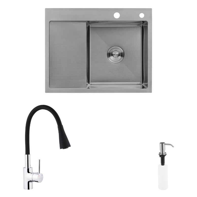 Комплект кухонна мийка Kroner Gebürstet-6350RHM + змішувач Küche-C031BLK + дозатор Spender-ECG049