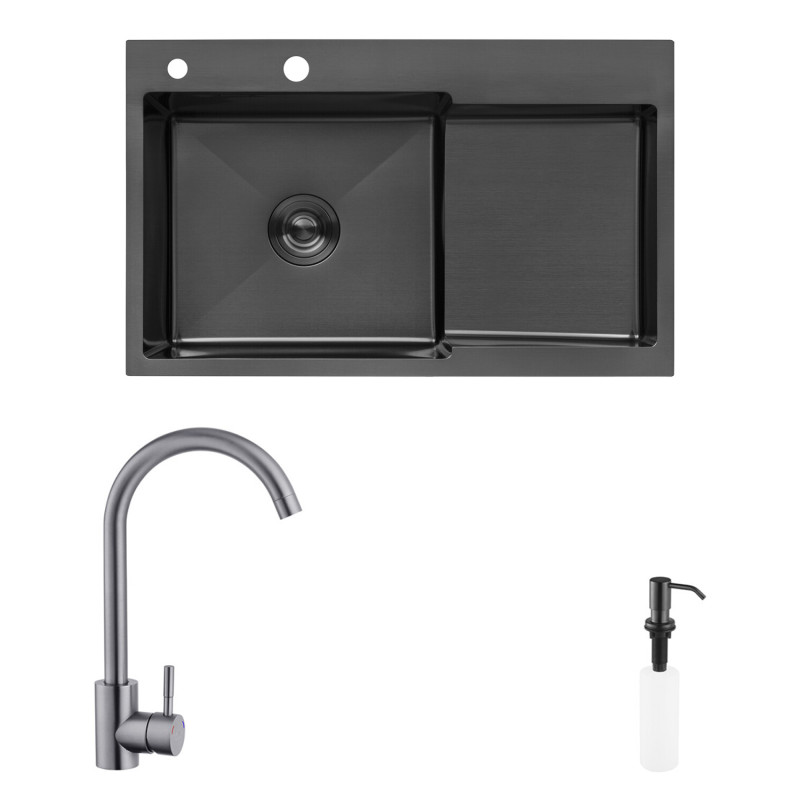 Комплект кухонна мийка Kroner Schwarze-7848LHM PVD + змішувач Edelstahl Klassisch-SCH035PVD + дозатор Spender-SCH049