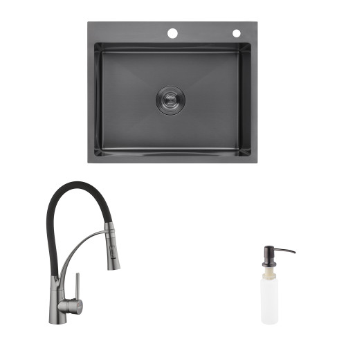 Комплект кухонна мийка Kroner Schwarze-6050HM PVD + змішувач Ersel-GRP03393BLK + дозатор Spender-026