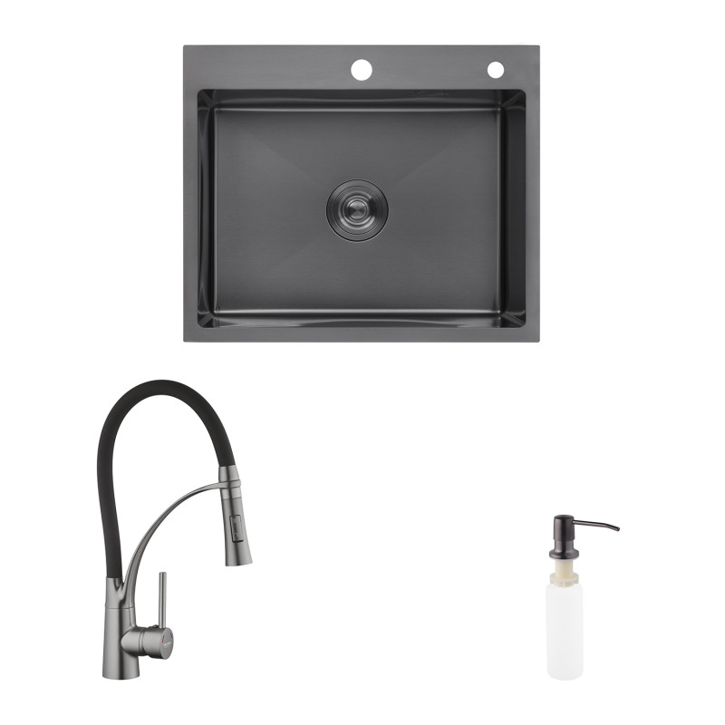 Комплект кухонная мойка Kroner Schwarze-6050HM PVD + смеситель Ersel - GRP03393BLK + дозатор Spender-026