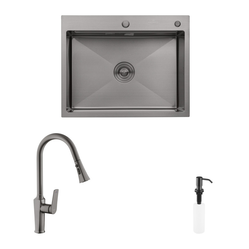 Комплект кухонная мойка Kroner Schwarze-6350HM PVD + смеситель Makon-GRP030-T + дозатор Spender-SCH049