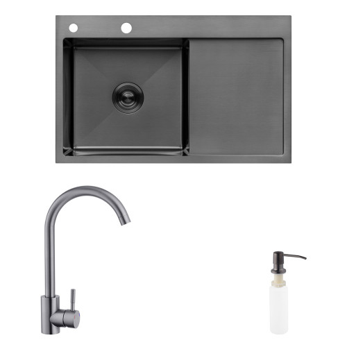 Комплект кухонна мийка Kroner Schwarze-7849LHM PVD + змішувач Edelstahl Klassisch-SCH035PVD + дозатор Spender-026