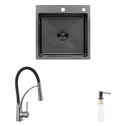 Комплект кухонная мойка Kroner Schwarze-5050HM PVD + смеситель Ersel-GRP03393BLK + дозатор Spender-026