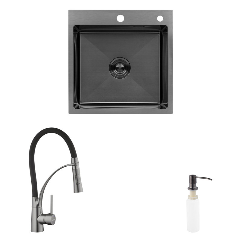 Комплект кухонна мийка Kroner Schwarze-5050HM PVD + змішувач Ersel-GRP03393BLK + дозатор Spender-026