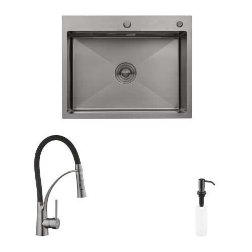Комплект кухонна мийка Kroner Schwarze-6350HM PVD + змішувач Ersel-GRP03393BLK + дозатор Spender-SCH049