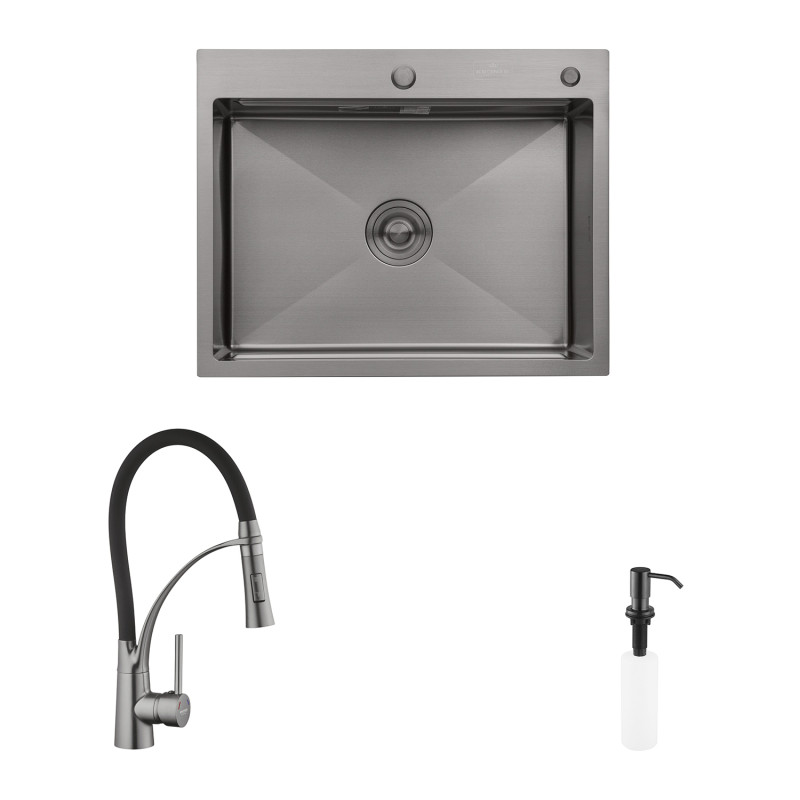 Комплект кухонна мийка Kroner Schwarze-6350HM PVD + змішувач Ersel-GRP03393BLK + дозатор Spender-SCH049